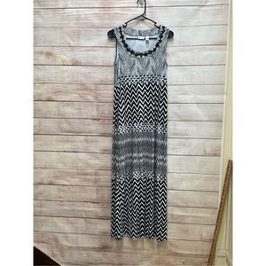 CHICOS‎ BLACK AND WHITE MAXI DRESS WITH BEADED NECKLINE